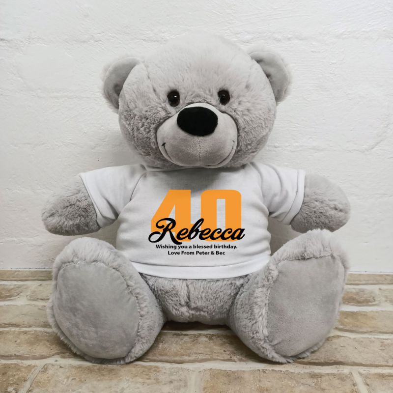 40th Birthday Personalised Bear with T-Shirt - Grey 40cm