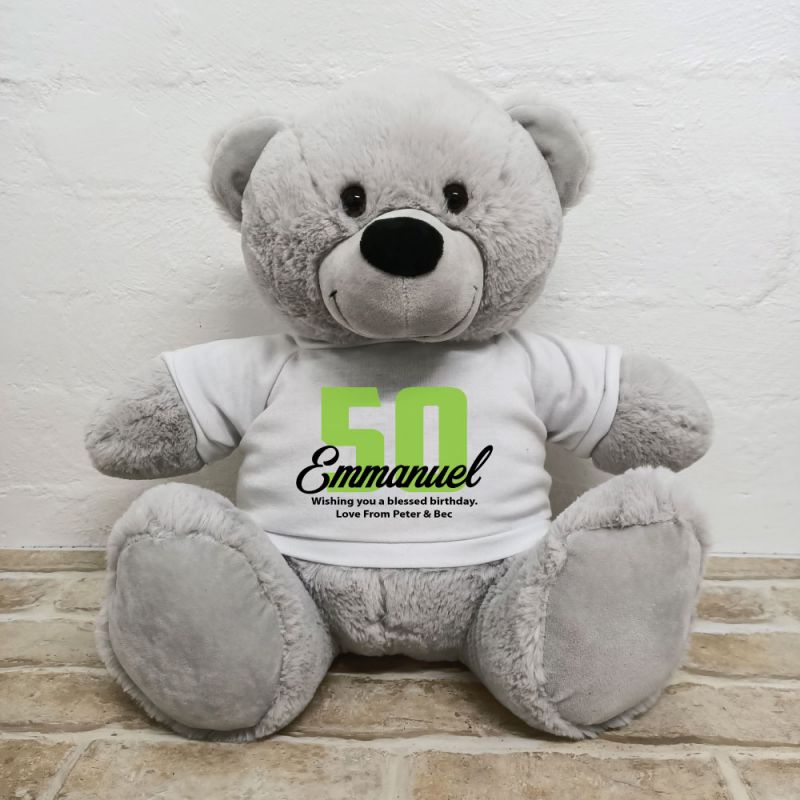 50th Birthday Personalised Bear with T-Shirt - Grey 40cm