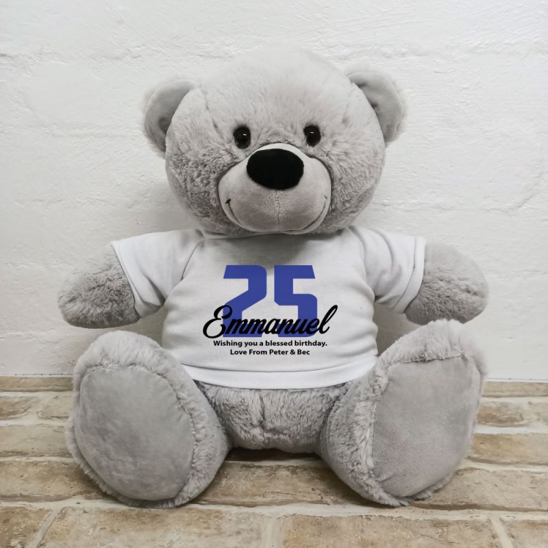 Birthday Personalised Bear with T-Shirt - Grey 40cm