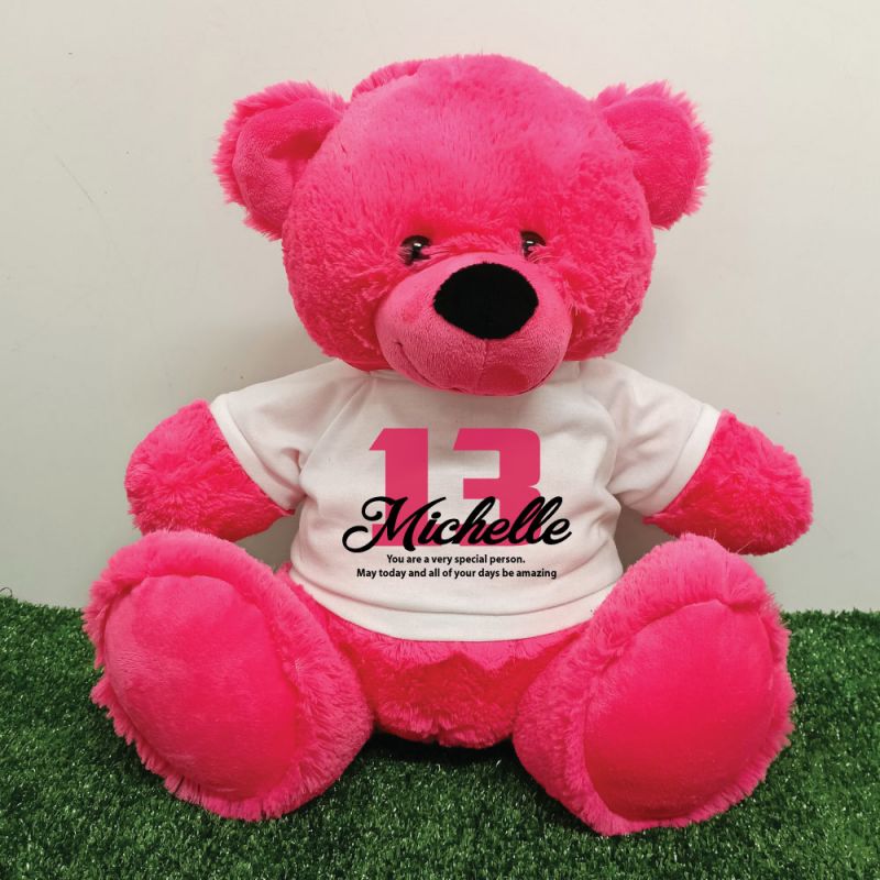 13th Birthday Personalised Bear with T-Shirt - Hot Pink 40cm