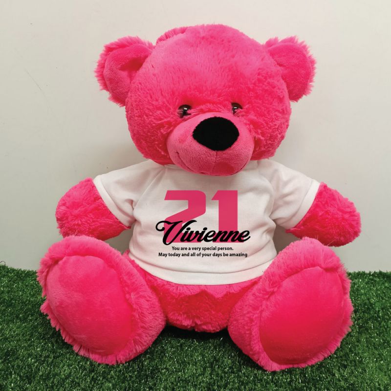 21st Birthday Personalised Bear with T-Shirt - Hot Pink 40cm
