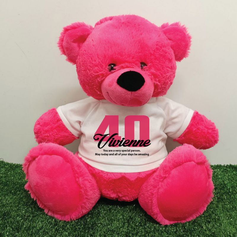 40th Birthday Personalised Bear with T-Shirt - Hot Pink 40cm