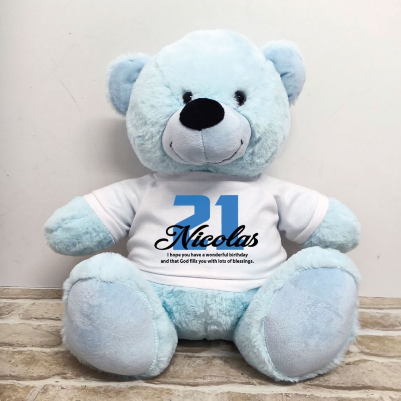 21st Birthday Personalised Bear with T-Shirt - Light Blue 40cm