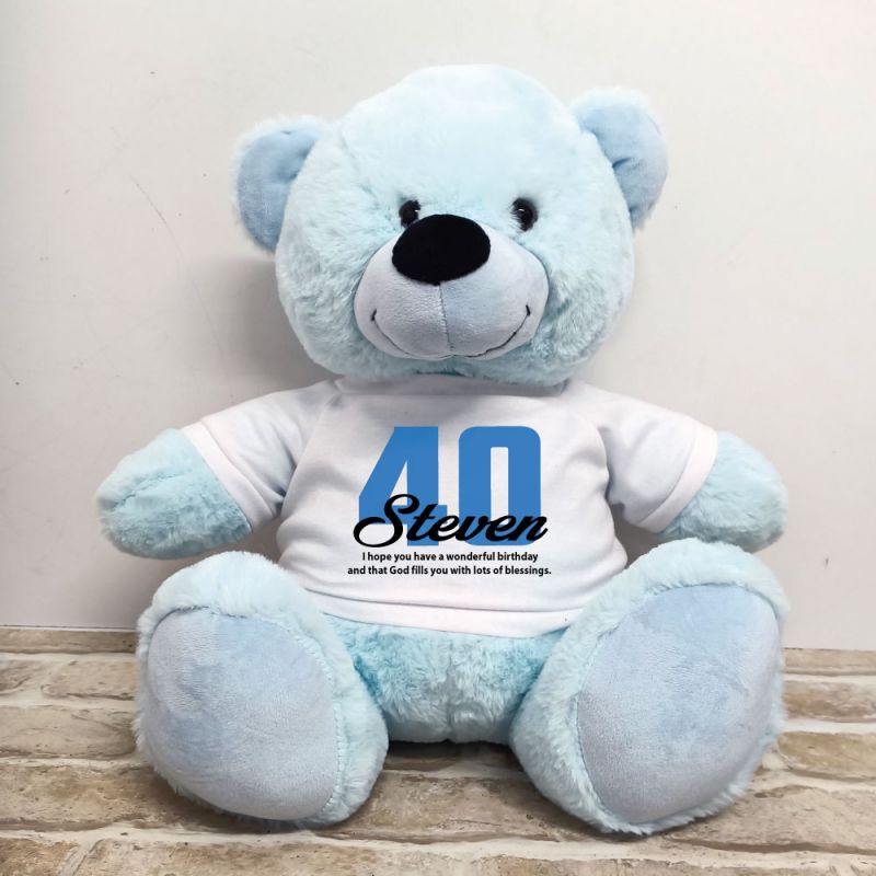 40th Birthday Personalised Bear with T-Shirt - Light Blue 40cm