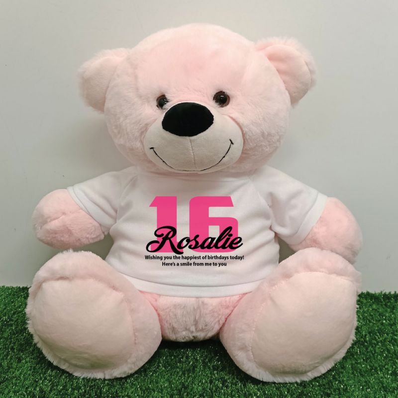 16th Birthday Personalised Bear with T-Shirt - Light Pink 40cm