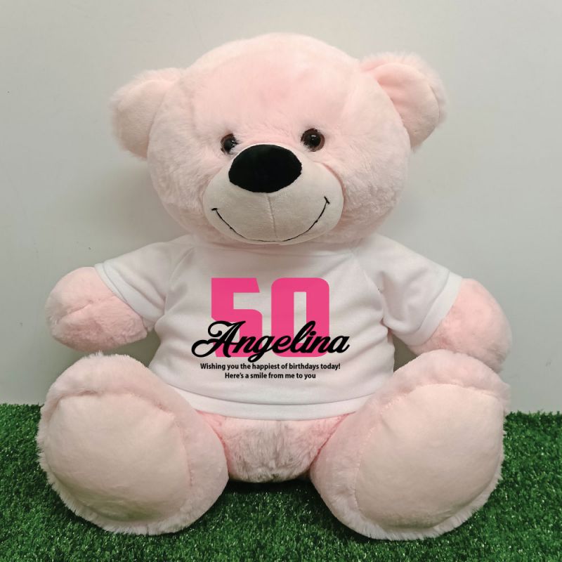 50th Birthday Personalised Bear with T-Shirt - Light Pink 40cm