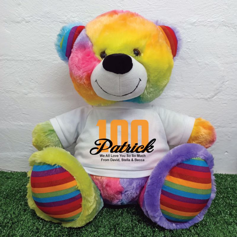 100th Birthday Personalised Bear with T-Shirt - Rainbow  40cm