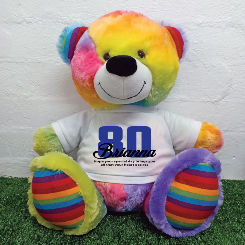 80th Birthday Personalised Bear with T-Shirt - Rainbow  40cm