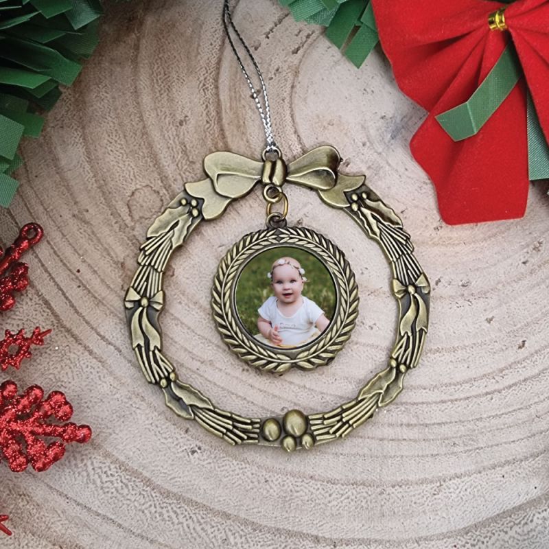 1st Christmas Photo Ornament Gold Wreath