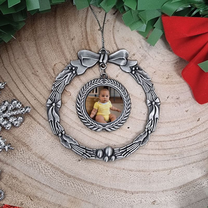 1st Christmas Photo Ornament Silver Wreath