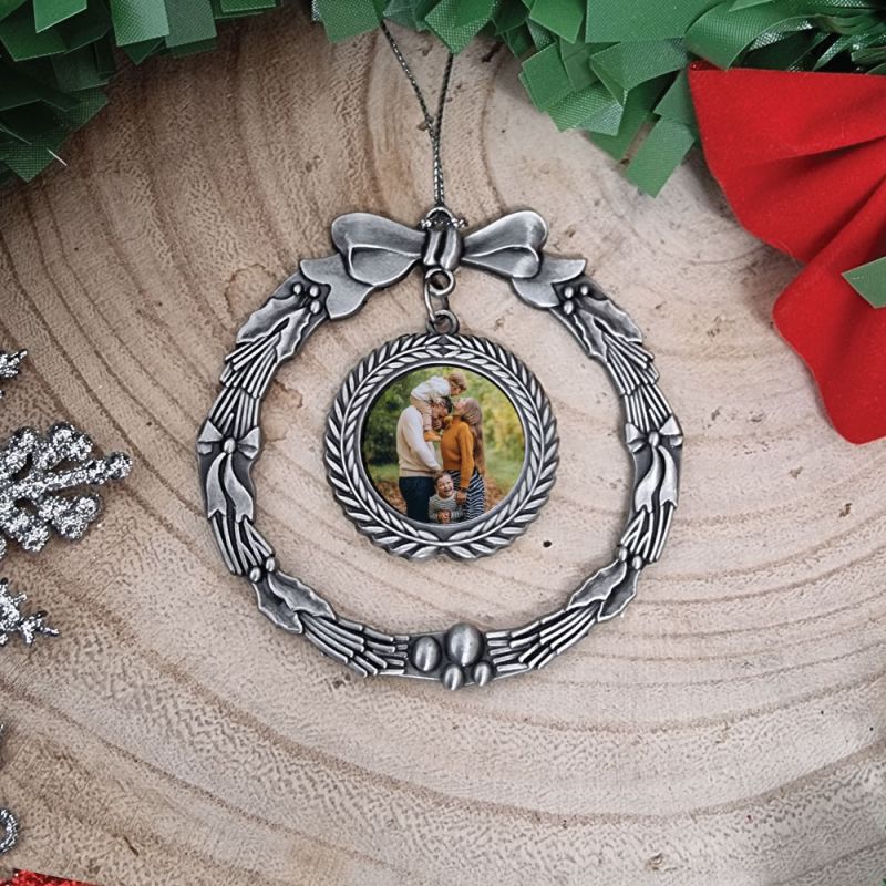 Personalised Christmas Photo Ornament Silver Wreath