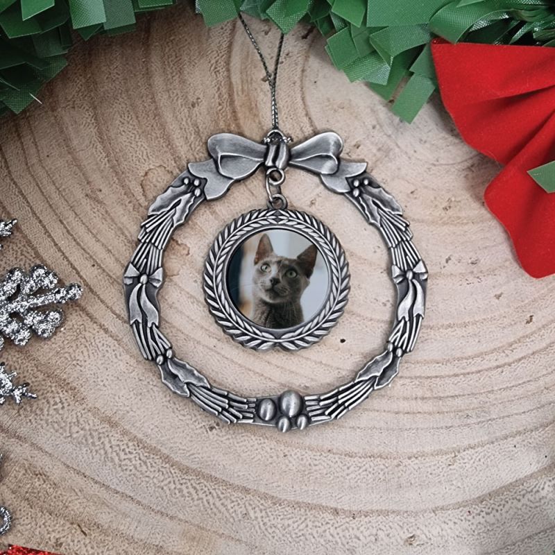 Pet Christmas Photo Ornament Silver Wreath