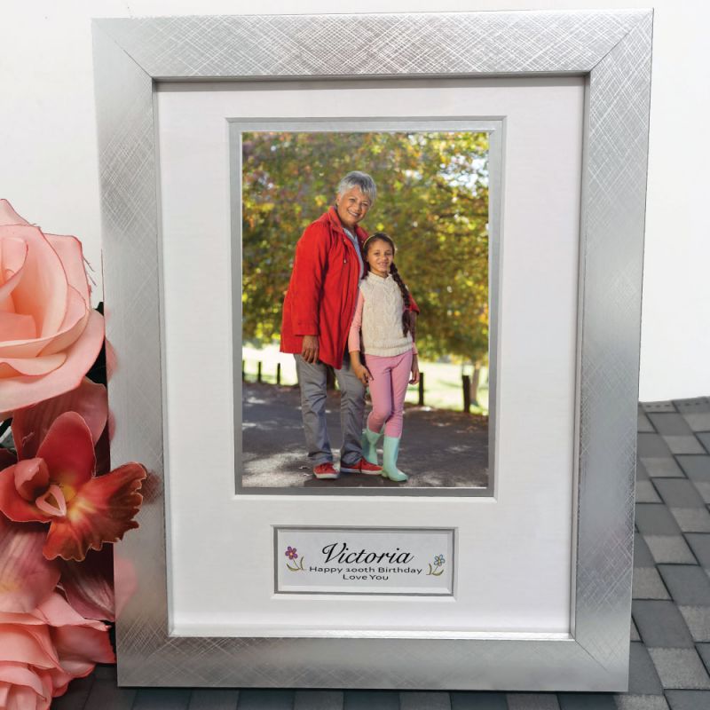 100th Birthday Photo Frame Silver Wood 4x6 Photo