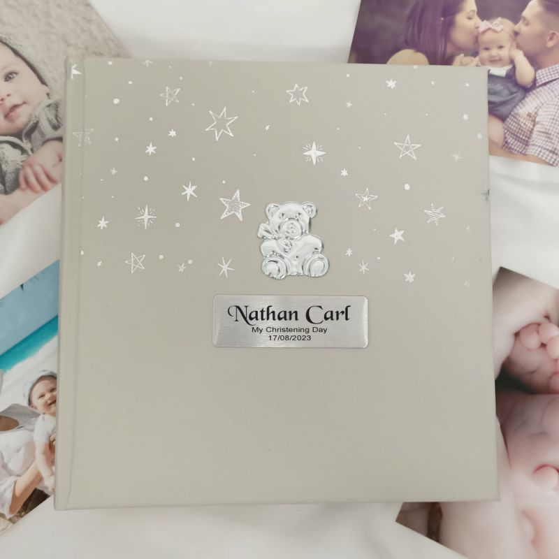 Personalised Christening Photo Album 200  - Silver Teddy