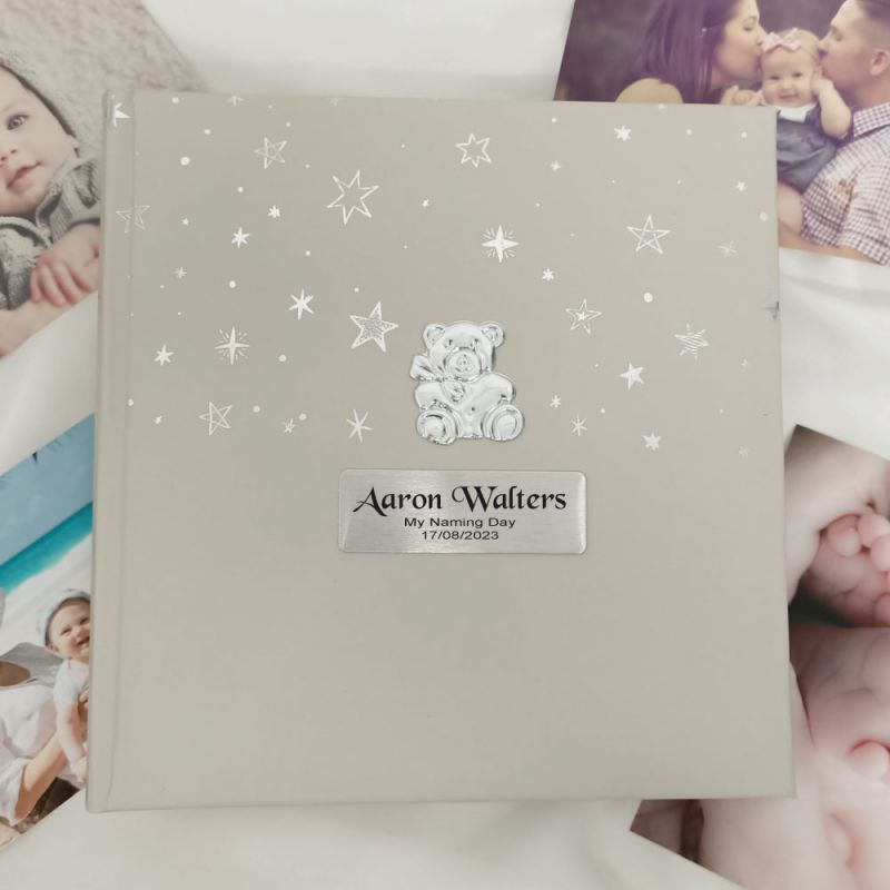 Personalised Naming Day Photo Album 200  - Silver Teddy