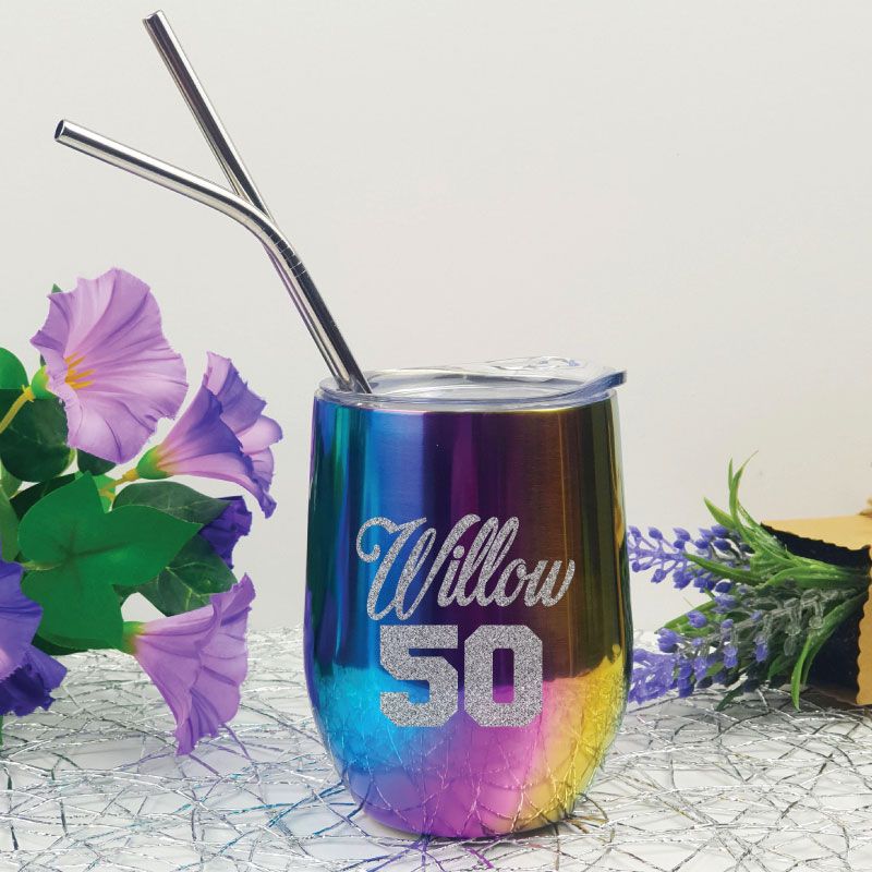 50th Birthday Rainbow Tumbler Stemless Wine Glass