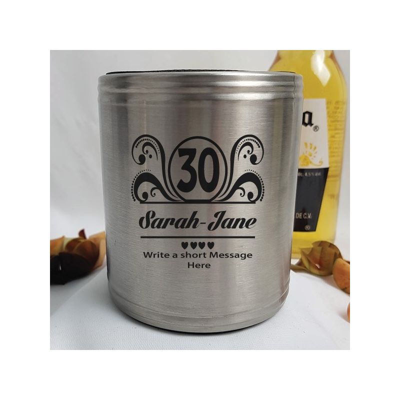 30th Birthday Engraved Silver Stubby Can Cooler Personalised