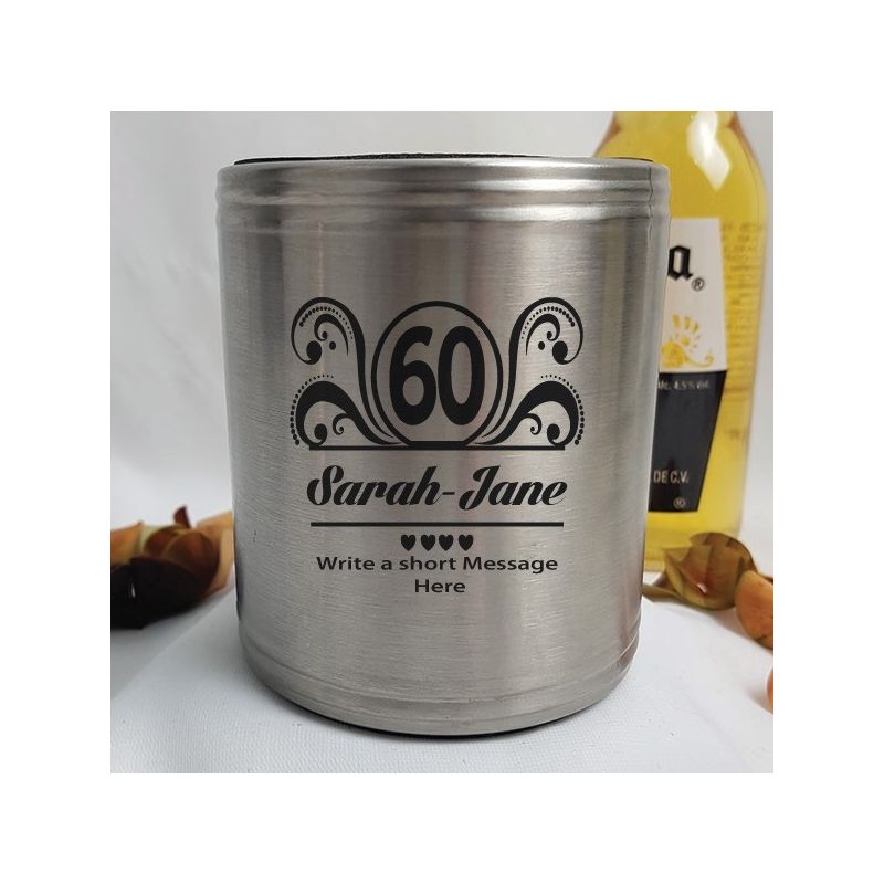 60th Birthday Engraved Silver Stubby Can Cooler Personalised (F)