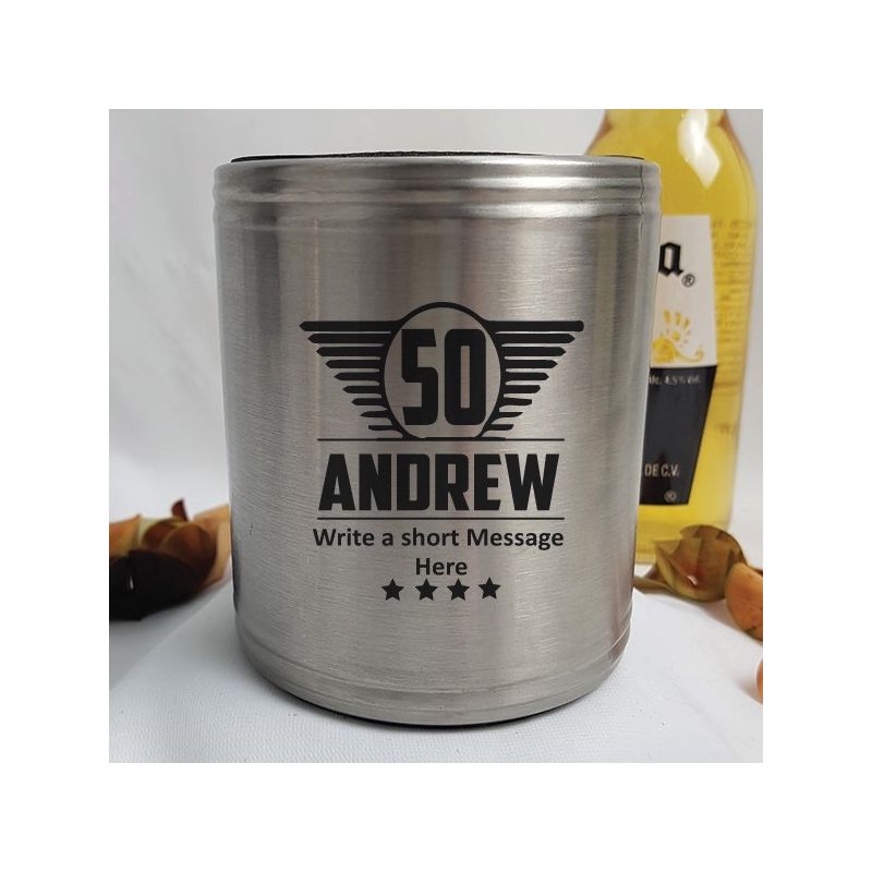 Personalised 50th Silver Can Cooler- Male Gift