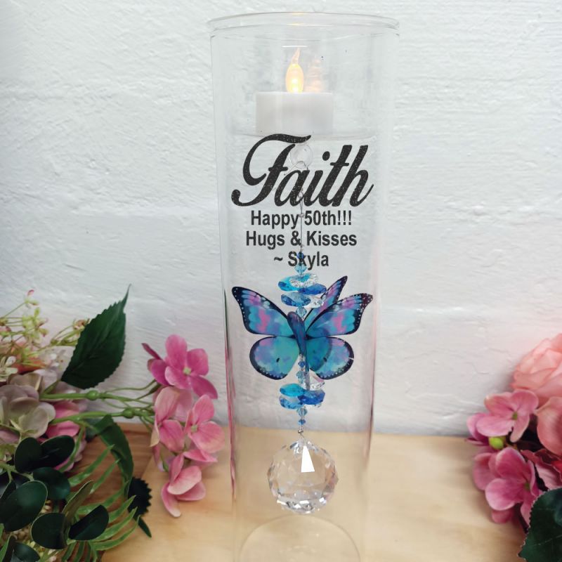 50th Birthday Glass Candle Holder Blue Butterfly