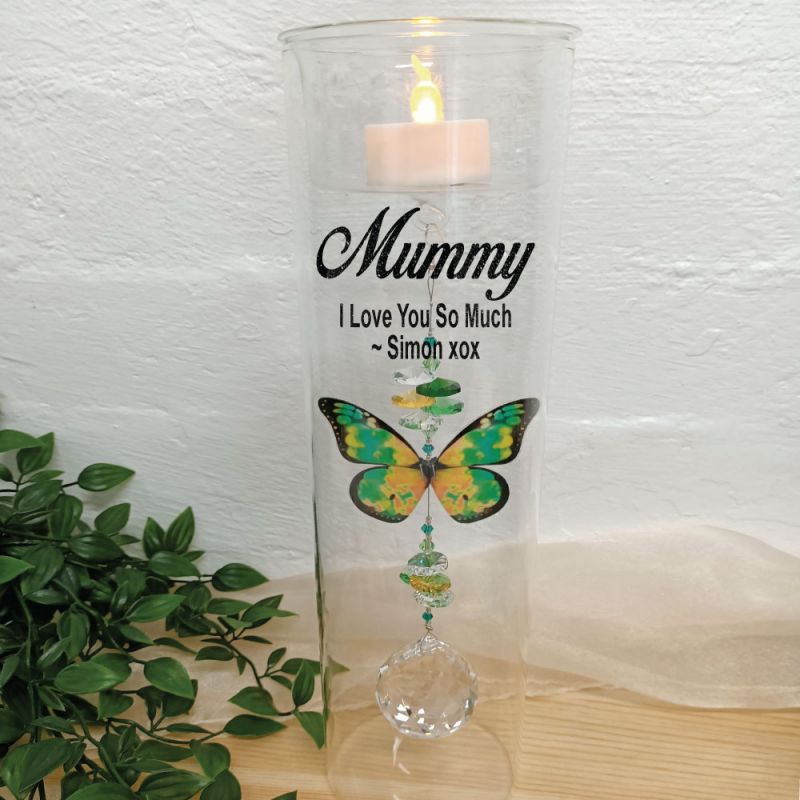Mum Glass Candle Holder Green Butterfly