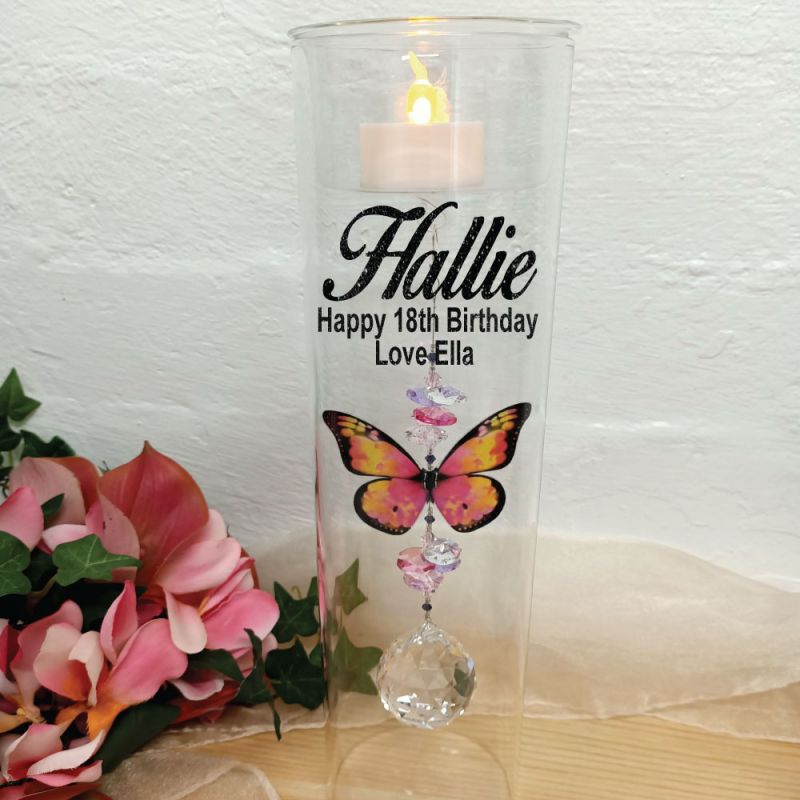 18th Birthday Glass Candle Holder Pink Butterfly