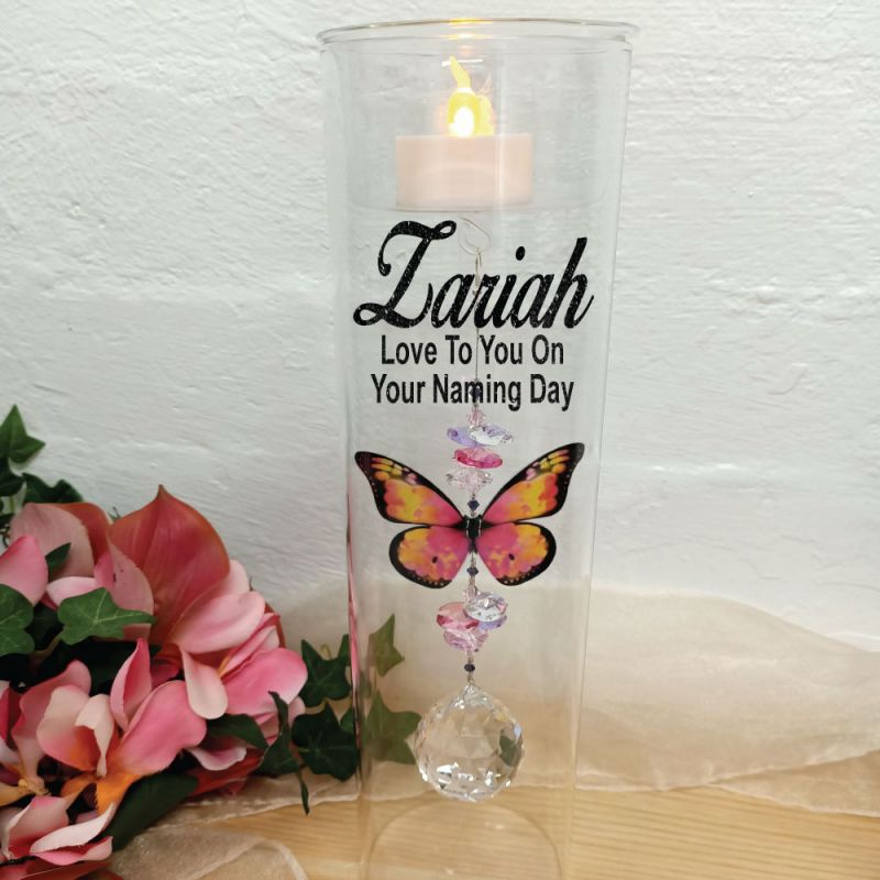 Naming Day Glass Candle Holder Pink Butterfly