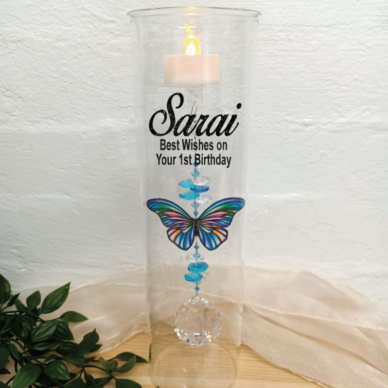 1st Birthday Glass Candle Holder Blue Stripe Butterfly