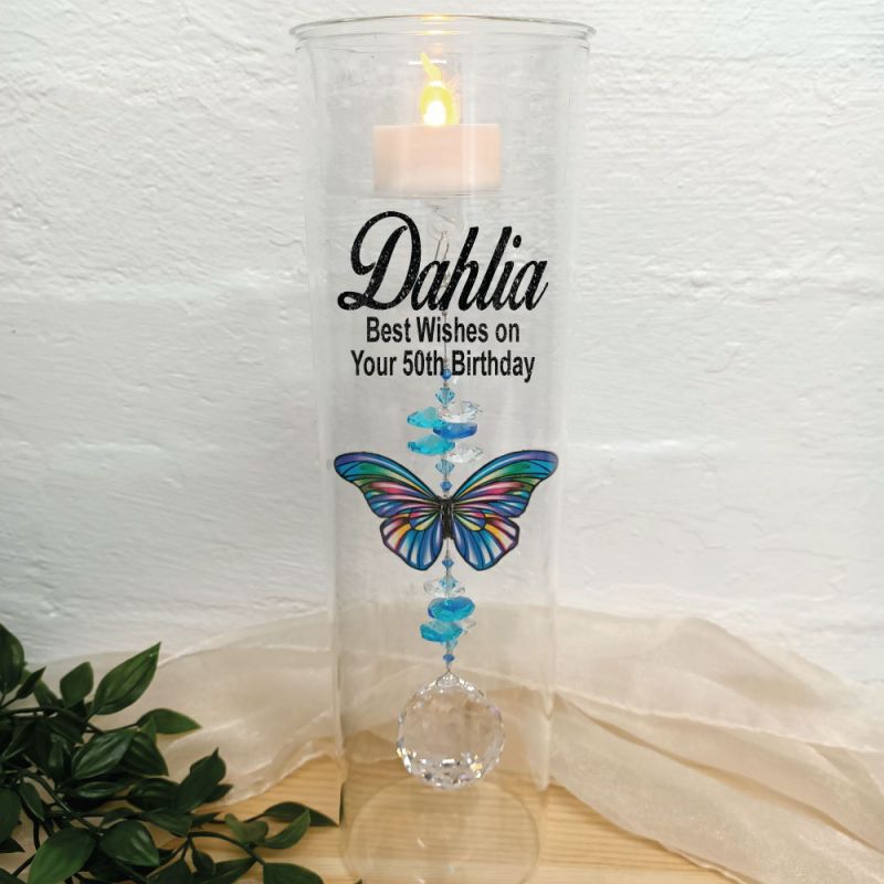 50th Birthday Glass Candle Holder Blue Stripe Butterfly