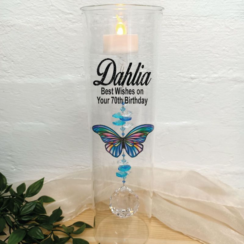 70th Birthday Glass Candle Holder Blue Stripe Butterfly