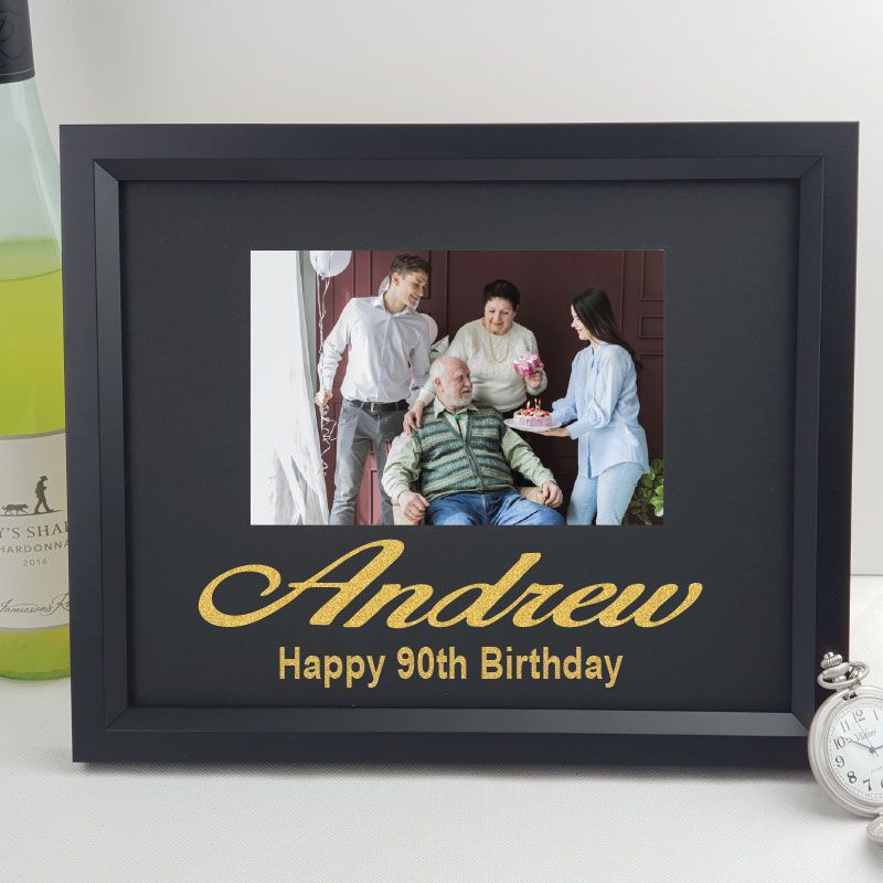 90th Birthday Personalised Photo Frame 4x6 Glitter - Black