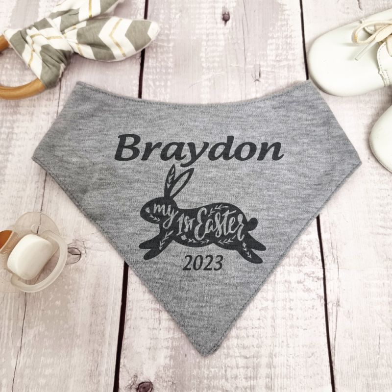 1st Easter Bandana Dribble Bib Grey Bunny