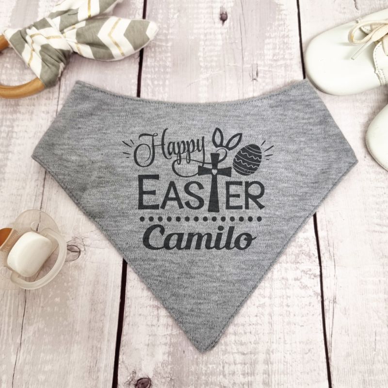 Happy Easter Bandana Dribble Bib Grey Heart Cross