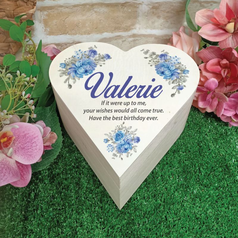 Birthday Wooden Heart Gift Box - Blue Floral
