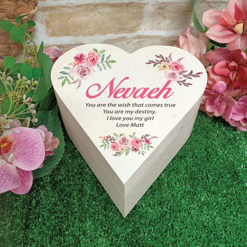 Personalised Wooden Heart Gift Box -Vintage Rose