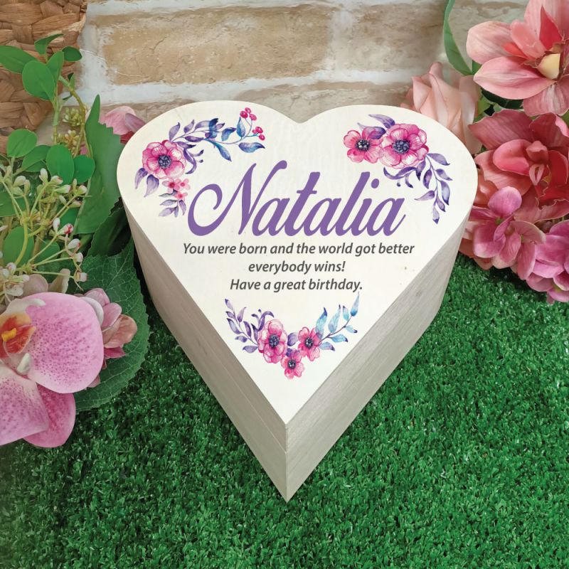 Personalised Wooden Heart Gift Box -Watercolour Floral