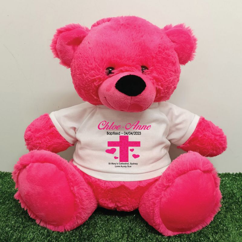 Baptism Personalised T-Shirt Bear 40cm Hot Pink