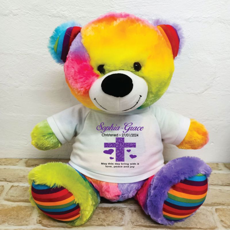 Christening Personalised T-Shirt Bear 40cm Rainbow