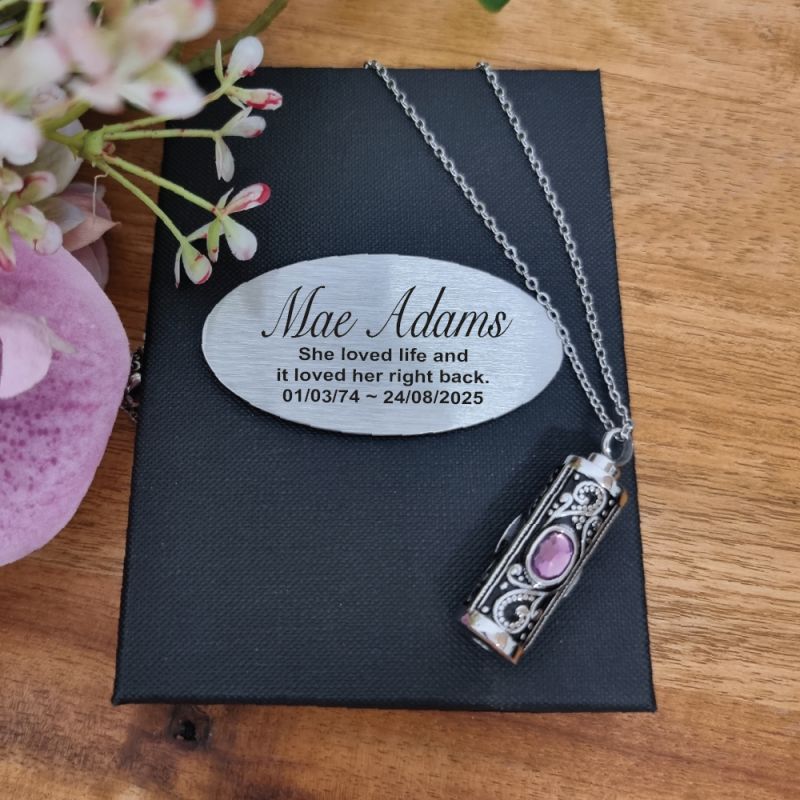 Purple Gemstone Urn Pendant Necklace in Personalised Box