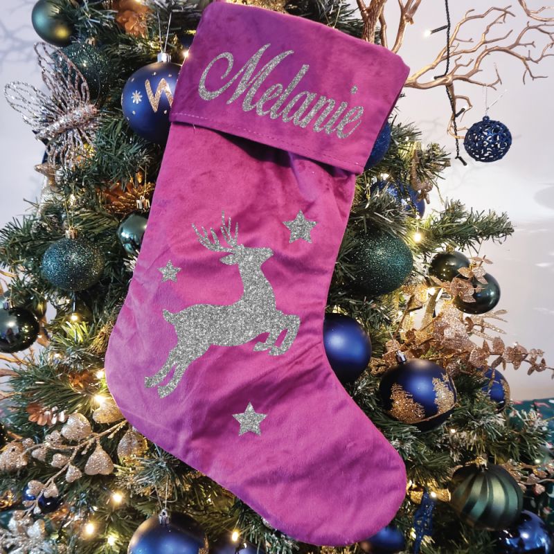 Christmas Stocking Magenta Velvet Reindeer