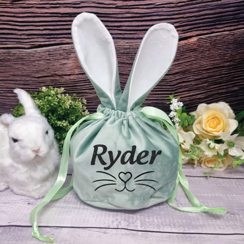 Personalised Easter Bunny Velvet Gift Bag - Sage