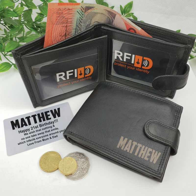 Personalised Black Mens Leather Wallet - Birthday