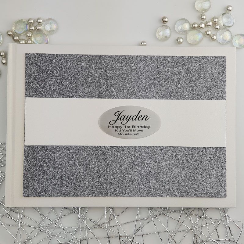 Personalised 1st Birthday Guest Book- Gunmetal Glitter